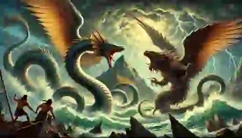 Epic battle between the sea serpent Cai-Cai Vilú and the mountain serpent Tren Tren Vilú with stormy skies.