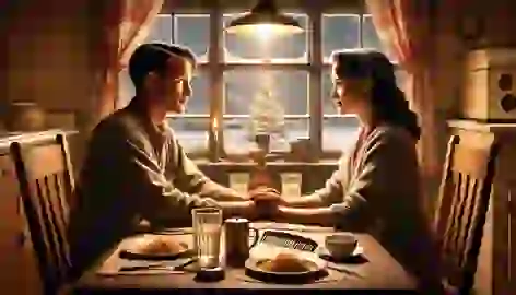 Jim and Della sit together at their dinner table, holding hands with love, surrounded by the symbols of their sacrifices.