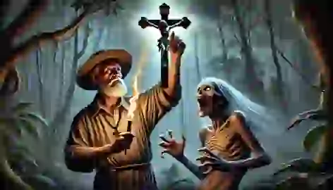 An old hermit holding a crucifix high, causing the Cegua to recoil in pain in the dense forest.