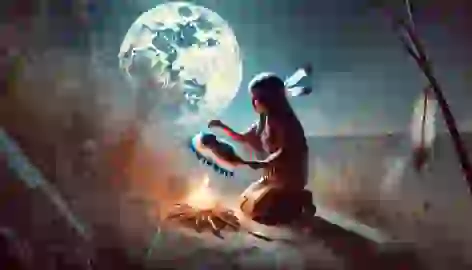 She-Who-Is-Alone on a hill under the moonlight, making a sacrifice with her doll.