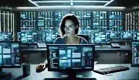 Lisbeth Salander works on multiple computer screens in a high-tech office during her final hacking operation.