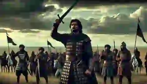 Alpamysh rallies his warriors, holding his sword high as they prepare for battle against Taychihan’s approaching army.