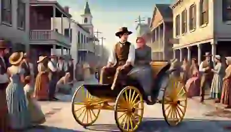 Miss Emily and Homer Barron ride together in a yellow-wheeled buggy through a quiet Southern town.