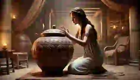 Pandora reaches for the lid of an ornate jar, her face showing both curiosity and fear, in a dimly lit Greek home.