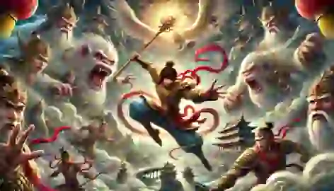 Sun Wukong battles the celestial armies led by Erlang Shen, wielding his magical staff in a fierce encounter.