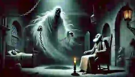 Marley’s ghost, bound in chains, appears before Scrooge in his dimly lit chamber