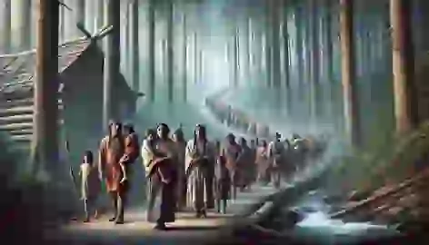 Cherokee people walking through a dense forest, beginning the Trail of Tears.