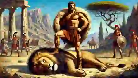 Heracles standing over the slain Nemean Lion, wearing its pelt, in a rugged, rocky landscape.