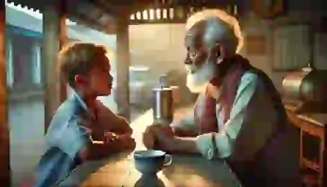 The old man speaks thoughtfully to the boy at the café counter, sharing his wisdom about love in the quiet morning.