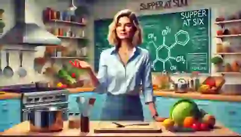 Elizabeth Zott on the set of her cooking show, standing in a brightly lit kitchen with scientific formulas on a chalkboard.