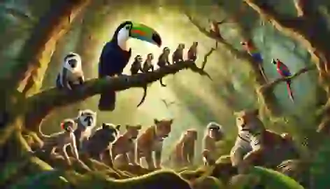 Tico the toucan rallying forest animals, including monkeys and jaguars, to protect their Amazon home.