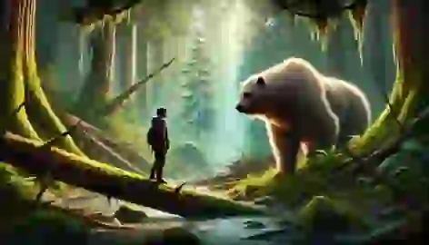  Aiden and Yetsa, the Spirit Bear, help rescue a hunter trapped under a fallen tree in the dense forest.