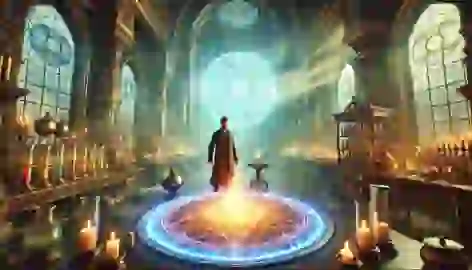 Alaric stands in his alchemical laboratory, watching the Philosopher’s Stone form at the center of a glowing alchemical circle.