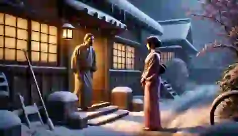 Takao meets Yukiko for the first time outside his snowy cottage, a warm glow from inside illuminating the scene.