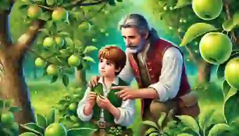 Young Johnny Appleseed learning about plants in an orchard.