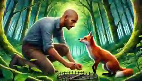 Hasan Kachal rescuing a fox from a trap in a dense forest.