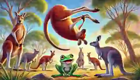 The kangaroo performing flips and jumps to amuse Tiddalik.