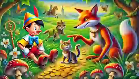 The cunning fox and sly cat deceiving Pinocchio.