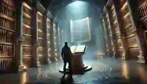 Alaric reads the glowing manuscript in the Vault of Lost Knowledge, surrounded by shelves of ancient scrolls.