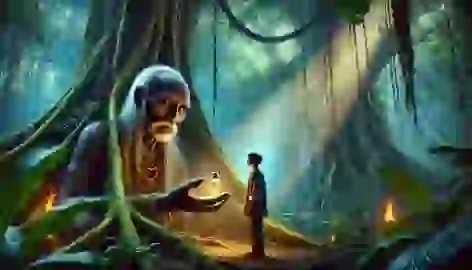 Tupac facing the spirit guardian Supay by the ceiba tree, holding a vial with shimmering liquid.