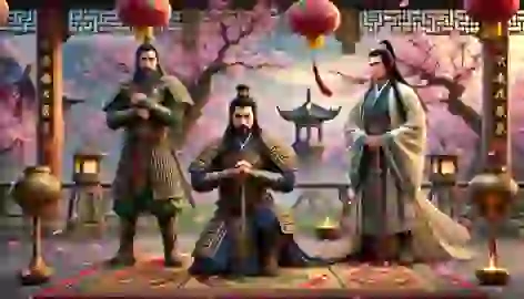 Liu Bei, Guan Yu, and Zhang Fei kneel under a peach tree, swearing brotherhood.