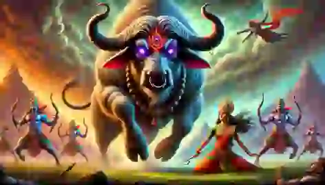 Mahishasura transforms into his powerful buffalo form, preparing to charge at Durga.