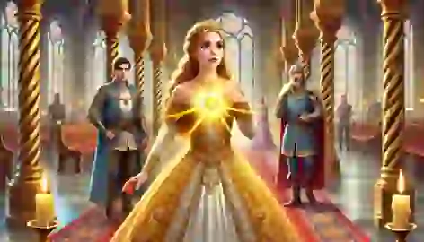 Gisela in a grand palace hall, revealing her true identity as the prince looks astonished.