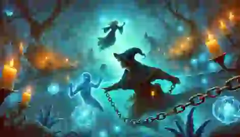 A young wizard swims underwater surrounded by glowing creatures, attempting to rescue a friend held by enchanted chains.