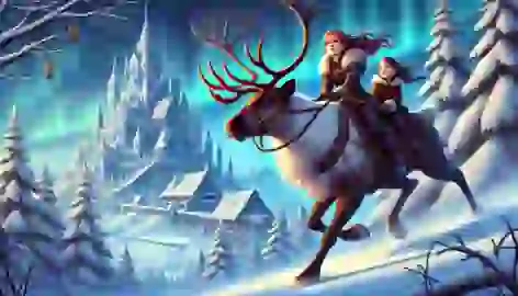 Gerda and the robber girl ride a reindeer towards the Snow Queen