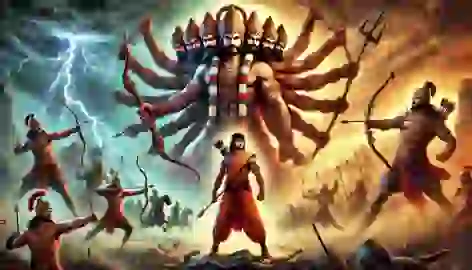 Rama and Ravana facing each other on the battlefield, amidst chaos, lightning, and soldiers clashing.