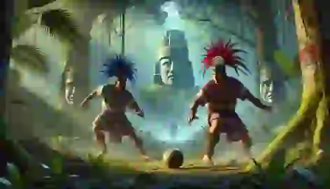 Hun Hunahpu and Vucub Hunahpu play a sacred ballgame in a jungle clearing.