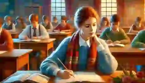 Girl sits at a school desk, holding a pencil and looking thoughtful.