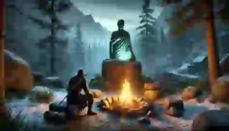 Eirik sits by a campfire, watching an ancient stone statue glow faintly in the twilight.