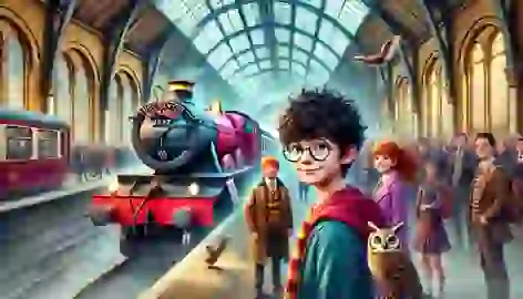 A young boy with friends stands on the platform as the Hogwarts Express prepares to depart for school.