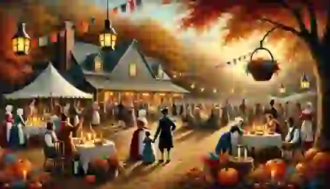 Villagers in 19th-century clothing celebrating a harvest festival under lantern-lit trees with dancing and food.