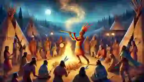  Villagers celebrating the harvest around a large fire, with Kokopelli playing his flute at the center.