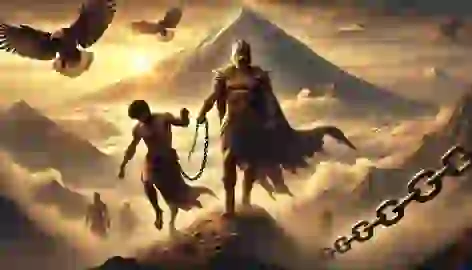 Fereydun leads the chained Zahhak to Mount Damavand