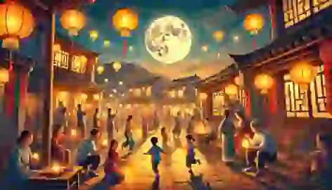 A Chinese village celebrates the Mid-Autumn Festival, with families sharing mooncakes and lighting lanterns under the full moon.