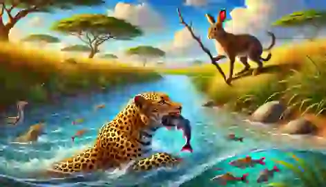 The Leopard catches fish in the river while the Hare watches with a stick, planning his next move.