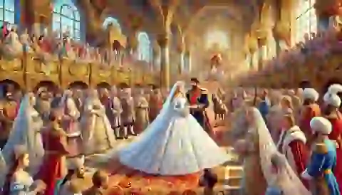 Vasilisa and the Tsar in a grand wedding ceremony with luxurious decorations.