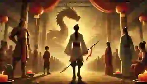 Nezha stands calmly with his spear, facing his family and the Dragon King’s wrathful presence.