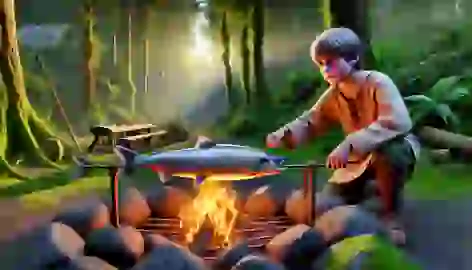 Young Fionn mac Cumhaill tending to the Salmon of Knowledge over a fire in an ancient Irish forest.