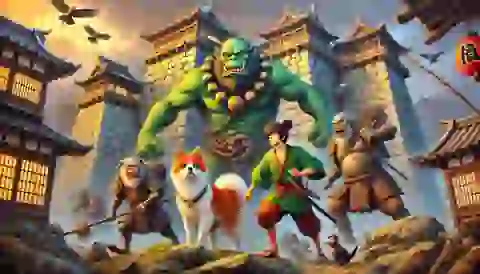 Momotaro and his companions infiltrate the ogre fortress on Onigashima, preparing for battle.