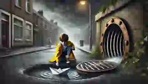 Georgie plays with a paper boat near a sewer drain on a rainy day as shadows lurk within the sewer