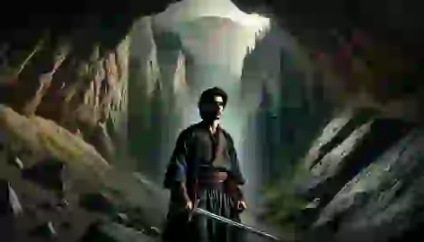 Rostam stands determinedly at the entrance of a dark cave in the Alborz Mountains.