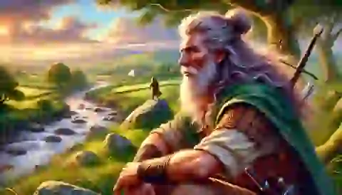 An older Fionn mac Cumhaill reflecting on his journey and the wisdom gained, set against a peaceful landscape with the River Boyne.