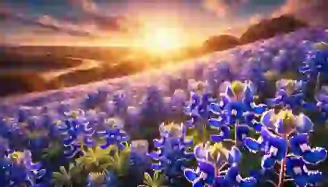 Bluebonnets blooming across the Texas landscape, sparkling in the sunlight after rain.