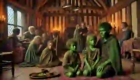 The green-skinned children, scared and weak, refuse food in Sir Richard de Calne’s home as villagers look on with concern.