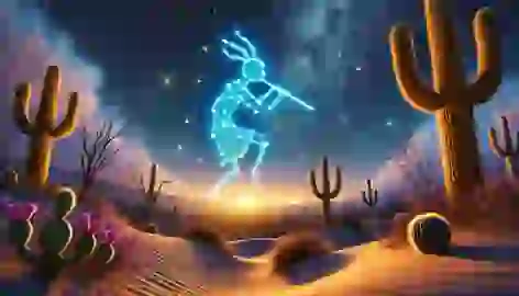 Kokopelli walking into the desert night, a constellation shaped like him glowing brightly in the sky.