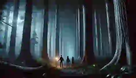 Three characters cautiously walk into a dark forest at night with one holding a glowing wand.